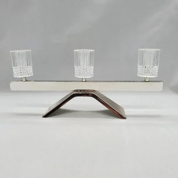 Vintage MCM 60s 3 Candle Stick Holder Silver Metal Bar Crystal Cups Germany Mod - Picture 3 of 16